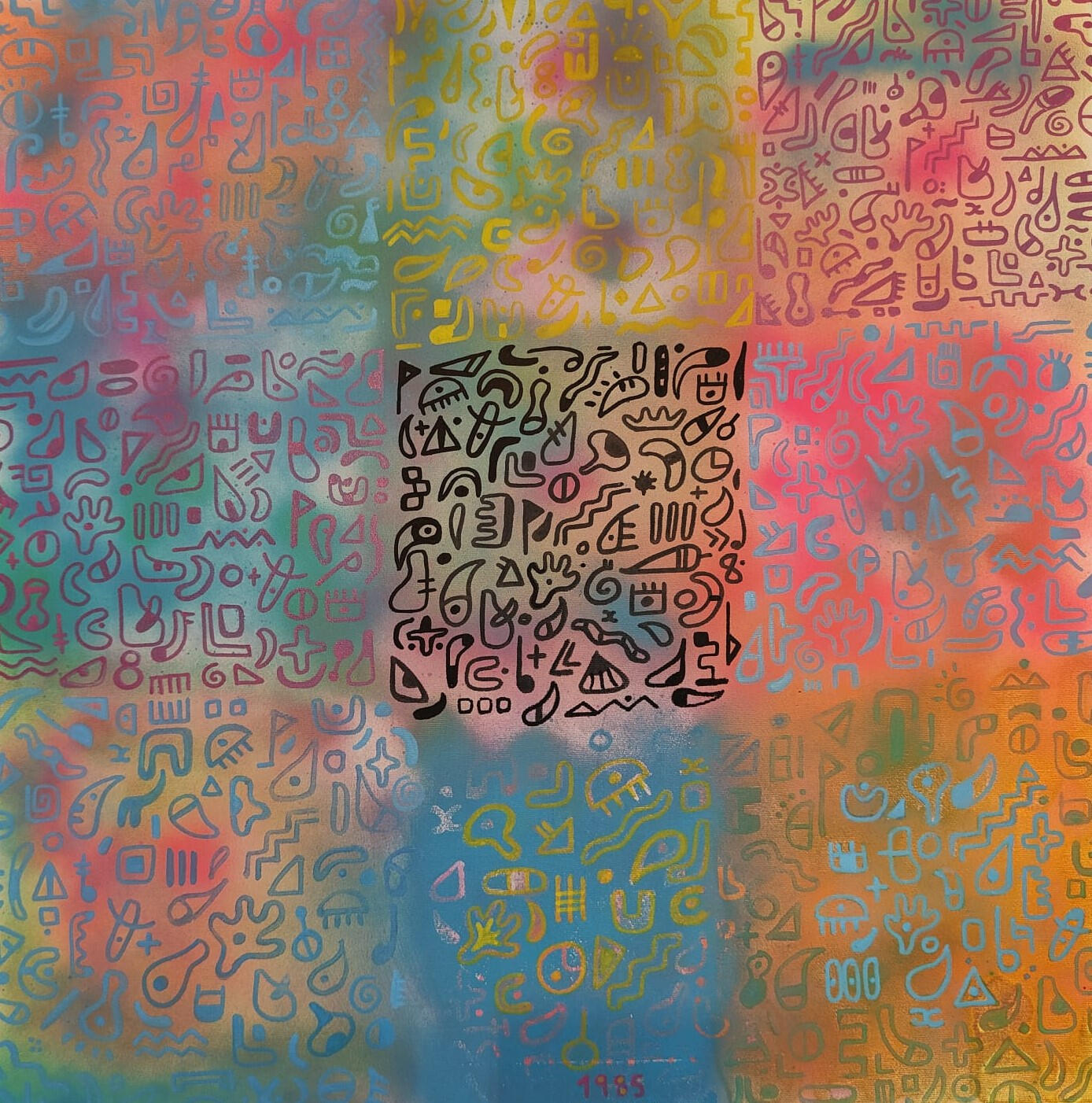 &quot;1985&quot;, 70cm x 70cm, Acrylic and spray paint on canvas.